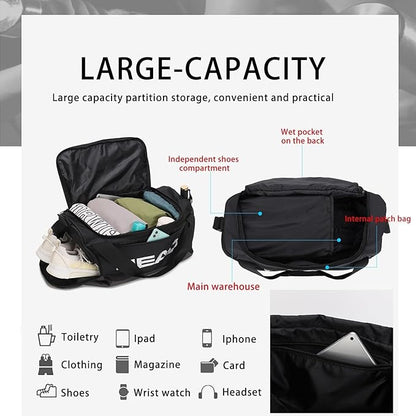 HEAD 45L Waterproof Gym Duffle Bag for Men, Large Capacity Sports Bag with Shoe Compartment & Dry Wet Pocket, Durable Crossbody Weekender Bag for Tennis, Workout, Fitness, Overnight Travel