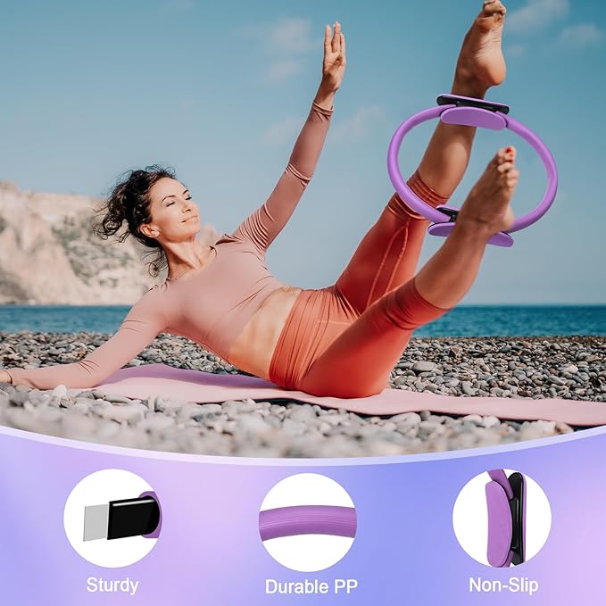 Poen 10 Pcs Pilates Ring Set Include 2.2lb *2 Dumbbells 10" Yoga Exercise Ball 12" Pilates Ring 5-40lb Resistance Bands Elastic Band and Drawstring Backpack Set for Women Home Workouts