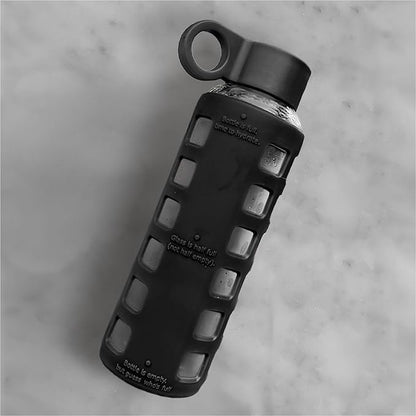purifyou 40oz / 32oz / 22oz / 12oz Borosilicate Glass Water Bottle with Time & Volume Markers, Silicone Sleeve, Stainless Steel Lid | Reusable Glass Bottle for Water & Juice (12oz Jet Black)