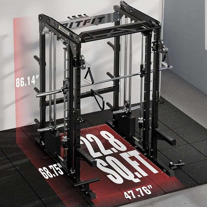RitFit M2 Smith Machine with with Cable Crossover System, 3D Functional Trainer & Power Cage, 16 Adjustment Holes, 6 Storage Pegs for Full-Body Home Gym