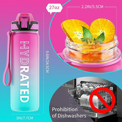 Water Bottle with Straw, 27oz Motivational Water Bottles with Time Marker to Drink, Tritan BPA Free, 750ml Sports Water Bottle with Carry Strap LeakProof for School Fitness Outdoor (1Pack)