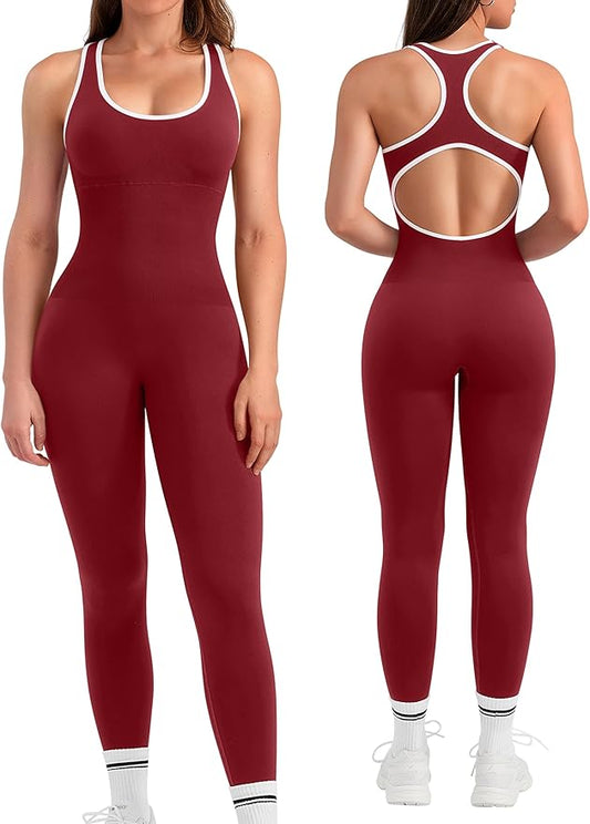 OLCHEE Womens Workout Jumpsuits Seamless Yoga Gym Bodycon Rompers Sexy Racerback Tummy Control Padded Bra Unitard