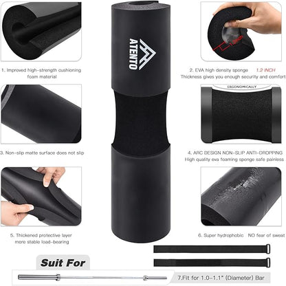 ATENTO 10Pcs Barbell Pad Set with Weight Lifting Belt, Thick Cushion Hip Thrust Pad for Bench Press, Lunges, Workout, Leg Exercise, Squat Bar Pad for Relief Pressure from Neck & Shoulder for Smith machine & Olympic Bars, with 2 Gym Ankle Straps, Hip Re...