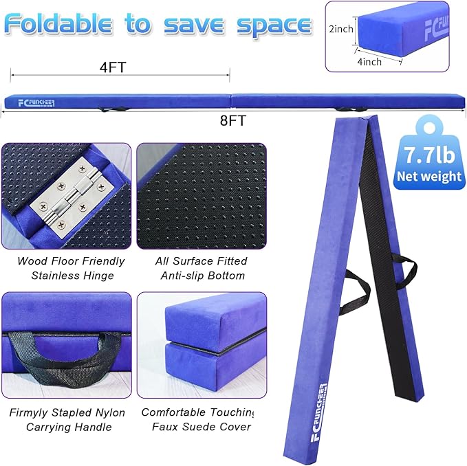 8FT Folding Balance Beam -Gymnastics Floor Beam -Gymnastics Equipment for Kids,Wood core- Anti-Slip Bottom and Carrying Bag for Home