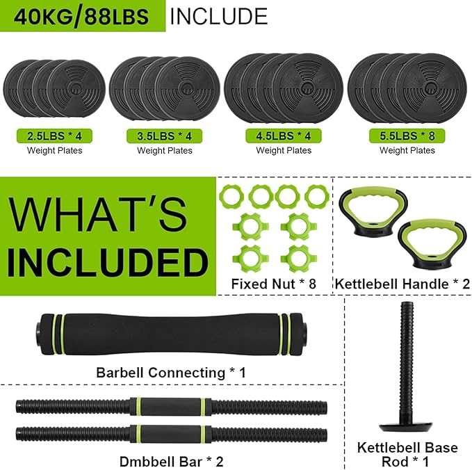 Adjustable Dumbbells, 44/66/88Lbs Free Weight Set with Connector, 4 in1 Dumbbell Set Used As Barbell, Kettlebells, Push Up Stand, Weight Plate, Fitness Exercises for Home Gym Suitable Men/Women Strength Training