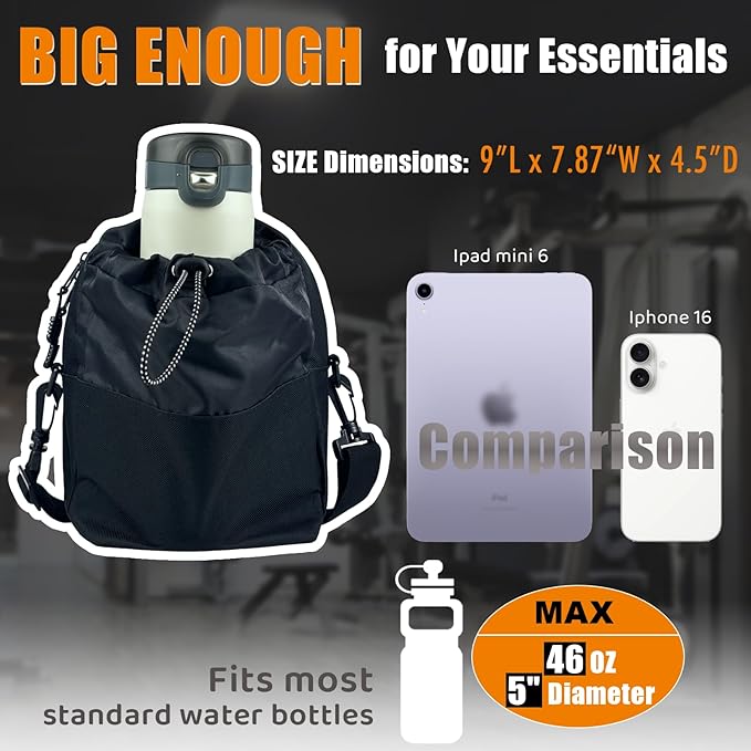 Magnetic Gym Bag with Water Bottle Holder | Magnetic Gym Water Bottle Bag 64oz Capacity | 4 Built-in Magnets & Adjustable Shoulder Strap for Sports Fitness Travel
