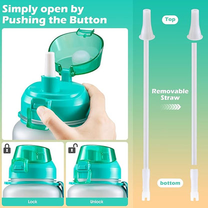 Gallon Motivational 64/100 oz Water Bottle with Time Marker & Straw, Large Daily Water Jug for Fitness Gym Outdoor Sports, Remind of All Day Hydration, Leak Proof, BPA Free (ombre green, 64oz)