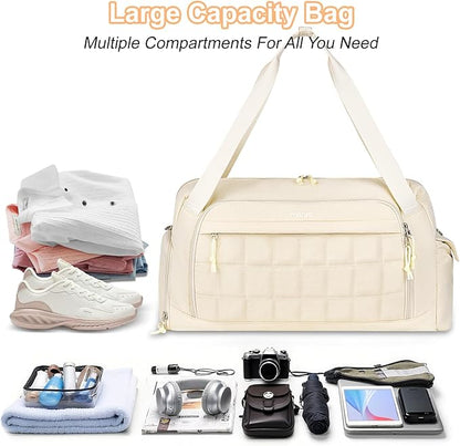 MOSISO Gym Bag for Women, Travel Duffle Weekender Overnight Workout Carry on Gym Duffle Bag with Shoe Compartment&Wet Pocket&Front Quilted Grid Pocket for Fitness, Yoga, Weekend, Beige