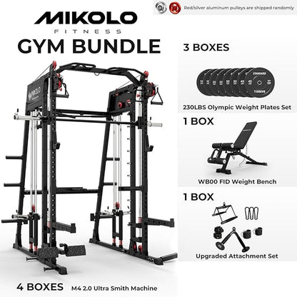 Mikolo M4 2.0 Standard/Ultra/Elite Smith Machine, 2200lbs Squat Rack with LAT-Pull Down System & Cable Crossover Machine, Training Equipment with Leg Hold-Down Attachment