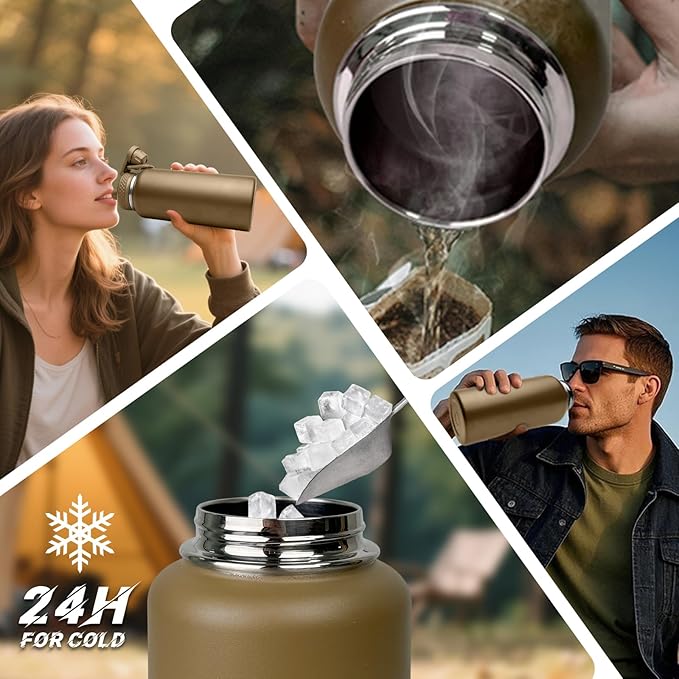 32 oz Insulated Water Bottle - Tactical Stainless Steel Water Bottle with Sleeve, Wide Mouth Gym Water Bottles for Men Sports Workout Hiking with Pouch Desert Camo