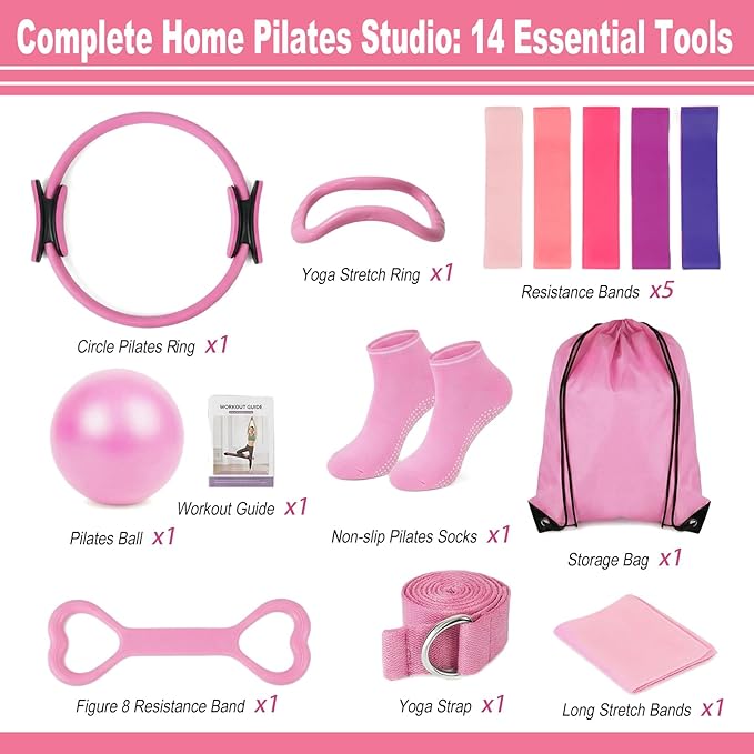 Pilates Kit 14pcs, Home Pilates Workout Kit for Women, Pilates Equipment with 13" Ring, 9.8" Ball, Multiple Resistance Bands, Non-Slip Socks, Workout Guide for Beginners Home Outdoor