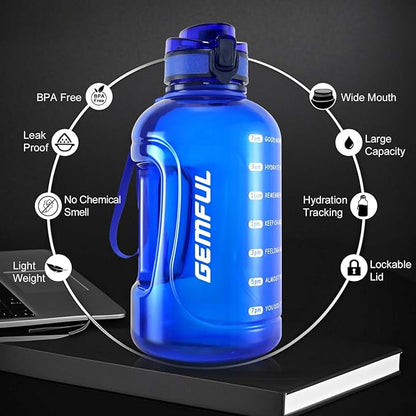 GEMFUL 2L Leak Proof Water Bottle with Handle 64oz Large Gym Jug Time Marker No Straw BPA Free Motivational for Men & Women (Royal Blue)