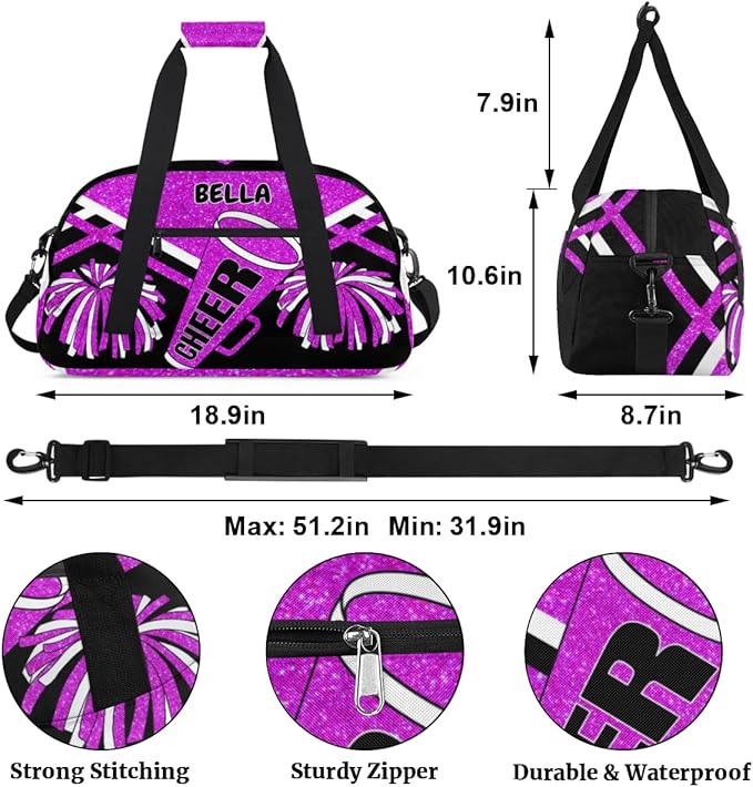 Custom Sports Duffel Cheerleaders Bag Girls, Sports Travel Bag Tote Carry On Weekender Gym Dance Cheer Sleepover Bag, Bright Purple Glitters Black