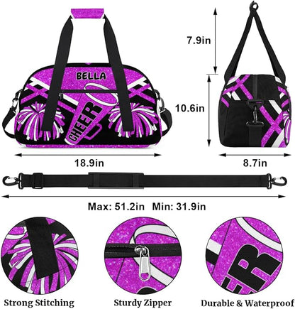 Custom Sports Duffel Cheerleaders Bag Girls, Sports Travel Bag Tote Carry On Weekender Gym Dance Cheer Sleepover Bag, Bright Purple Glitters Black