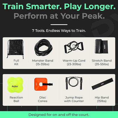 ADV Training Kit V2: Tennis Trainer Equipment for Tennis Training, Practice & Drills – Includes Counting Jump Rope, Resistance Bands, Stretch Bands for Exercise, Tennis Trainer Rebound Ball & Cones