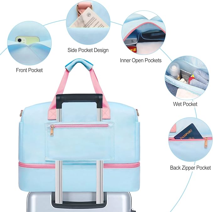 Sports Gym Bag for Women, Travel Duffle Bag with Shoe Compartment & Wet Pocket, Fitness Yoga Bag