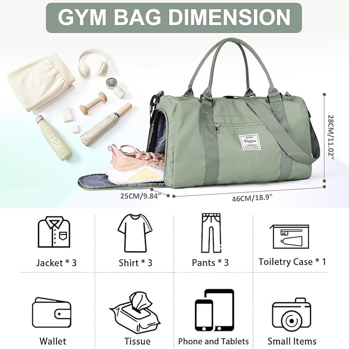 Gym Bag for Women with Shoes Compartment,Small Duffel Bag Sport bag with Toiletry Bag Overnight Travel Tote Bags Weekender Carry on Bag Personal Item Bags for Airlines Grey Green