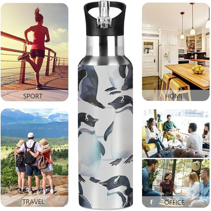 Penguin Ocean Polar Wildlife Water Bottle Vacuum Insulated Stainless Steel Mug Kids Water Bottle with Straw and Handle Keep Hot Cold Sport Bike Fit Travel Outdoor 20 oz