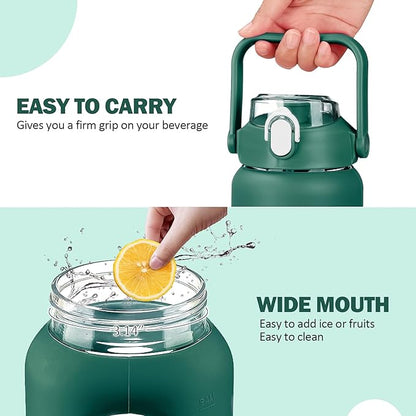 kytffu 64oz Glass Water Bottles with Straw, Half Gallon Motivational Glass Bottle with Silicone Sleeve and Time Marker, 2L Leakproof Large Glass Water Jug for Gym Home Office, Ink Green