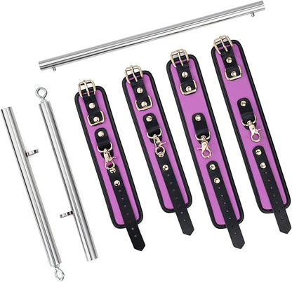 Spreader Bar Heavy Duty Stainless Steel Expandable Silver Bar Home Gym with 4pcs PU Purple Adjustable Strap,Sports Aid Training Fitness Gear Pilates Aid Kit,Yoga Set