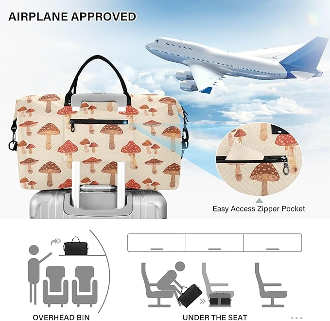 Weekender Bags Travel Duffel Gym Bag Mushrooms Retro Carry on Overnight Tote Bag with Toiletry Bag for Airplane Travel Trip Gym Yoga