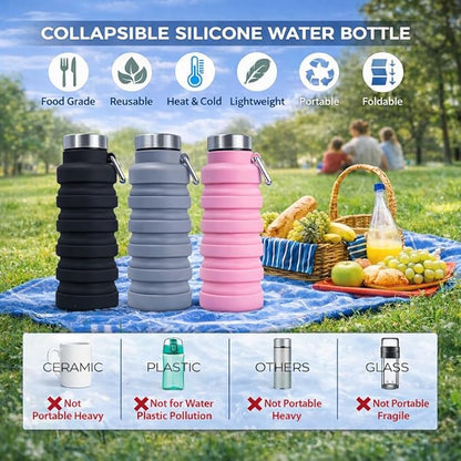 Collapsible Water Bottles,16oz Capacity Portable Reusable Silicone Water Bottle,Leak-proof,with buckle,foldable storage,Lightweight Durable for Fitness,Cycling,Sports,Camping,Hiking (Green+Green)