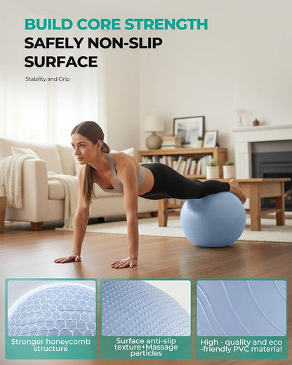 Gruper Yoga Ball, Extra Thick Exercise Ball for Workout Pregnancy Stability - 4 Sizes Anti Burst Balance Ball for Yoga, Pilates, Fitness, Birthing, Physical Therapy - Includes Pump
