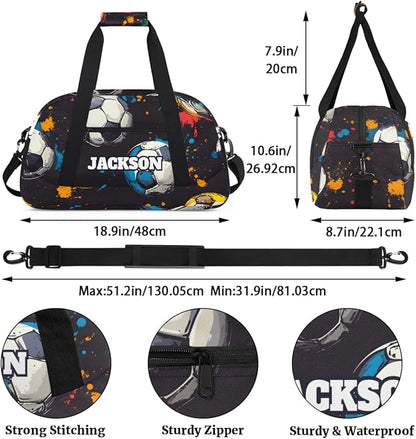 Personalized Soccer Gym Duffel Bags for Kids Boys with Custom Name Sport Training Travel Bags for Overnight Weekender, Black
