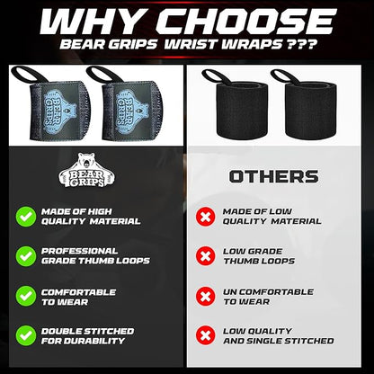 Bear Grips Wrist Wraps for Weightlifting | Weight Lifting Wrist Straps for Weightlifting | Extra Strength Gym Wrist Wraps | Two Wrist Wrap Per Pack | 12” & 18” | Lifting Wrist Wraps for Men & Women