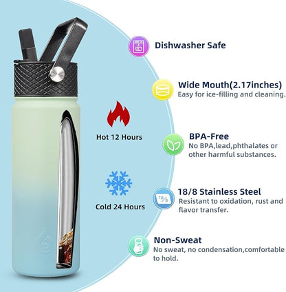BJPKPK Insulated Water Bottles with Straw Lid, 22oz Cold & Hot Thermo, Stainless Steel Metal Water Bottle with 3 Lids, Reusable Thermo, Cups, Mugs for Daily Use-Mint