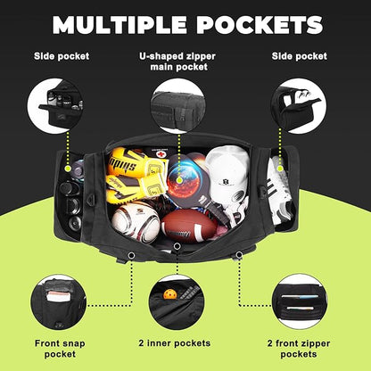 100L Sports Duffle Bag – 32" Large Gear Bag for Men & Youth, Baseball, Soccer & Track Equipment, Heavy Duty Travel Weekender & Flight Duffel with Large Side Pockets (Black)
