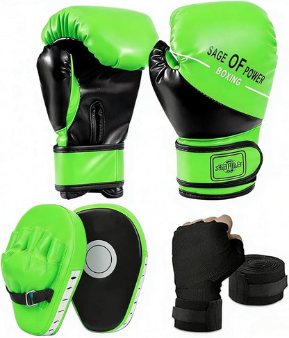3-in-1 Boxing Gloves and Punching Mitts Set for Kids, Sports Boxing Gloves Boxing Pads with Hand Wraps, Kids Boxing Equipment Set for MMA, Karate, Muay Thai, Taekwondo