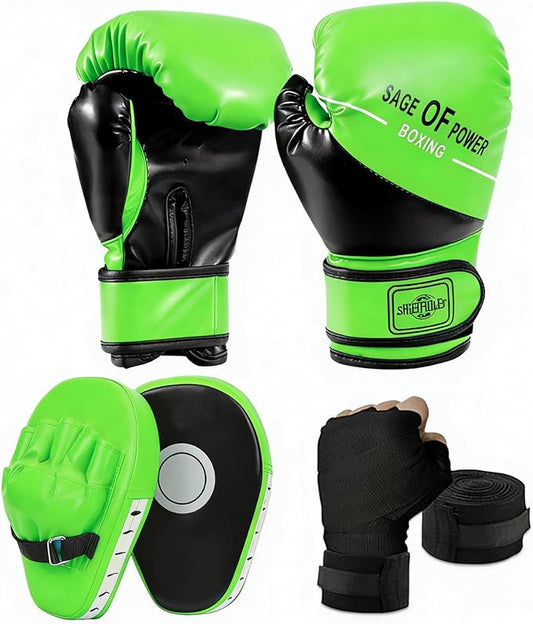 3-in-1 Boxing Gloves and Punching Mitts Set for Kids, Sports Boxing Gloves Boxing Pads with Hand Wraps, Kids Boxing Equipment Set for MMA, Karate, Muay Thai, Taekwondo