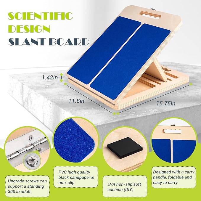 Slant Board for Calf Stretching, Adjustable Portable Wooden Incline Board for Calf Stretcher with Training Poster, 300 Lbs Weight Capacity Calf Stretch Wedge for Leg, Knees, Heel, Ankle & Stretching
