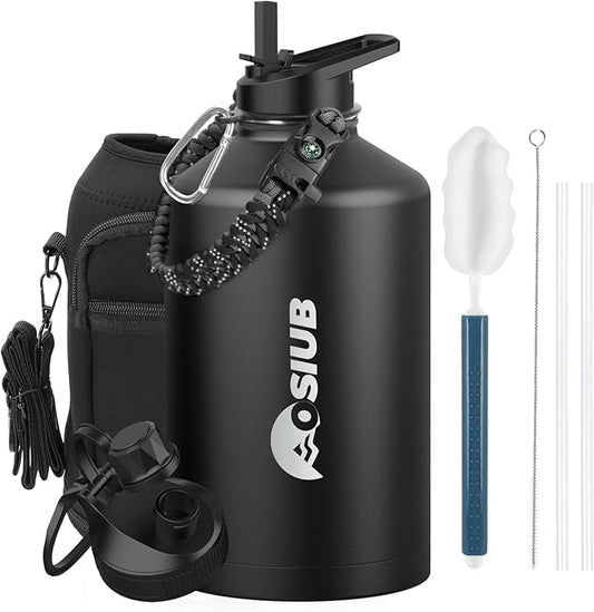 Insulated Water Bottle 128 oz, Triple Wall Vacuum Stainless Steel(Cold for 48 Hrs),Leak Proof & BPA-Free,Half Gallon Water Bottle with Reflective Paracord & Flip Straw for Sports & Travel, Black