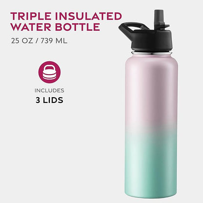 FineDine Water Bottle - Stainless Steel Insulated Water Bottle with Straw Lid, Flip Lid & Wide-Mouth Cap - Keeps Hot and Cold - 40 Oz / 1.18L - Dreamy Pink-Green