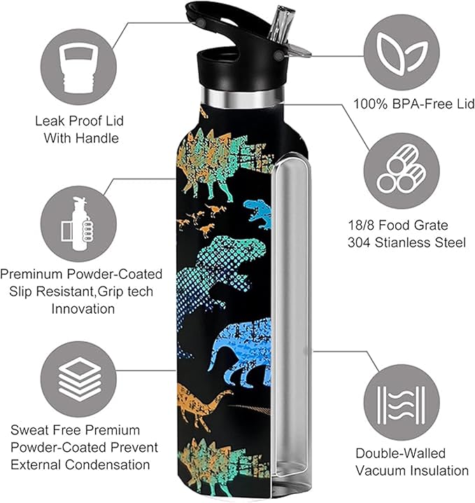 Dinosaur Sport Water Bottle with Straw, Vacuum Insulated Stainless Steel Thermal Drinking Travel Mug Cups For Gym Fitness Camping-20oz/600ml