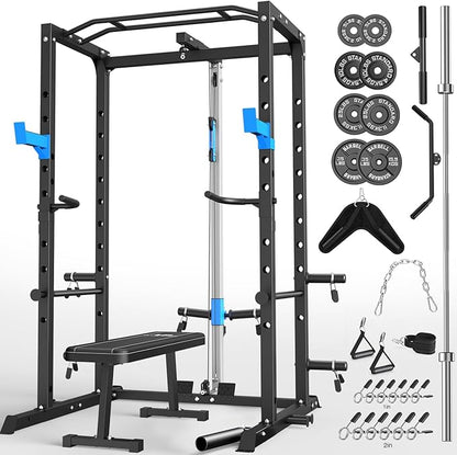 Power Cage, Multi-Functional Power Rack with J-Hooks, Dip Handles, Landmine Attachment and Optional Cable Pulley System for Home Gym