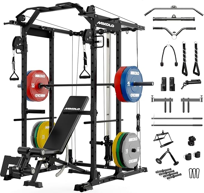 Mikolo Power Cage, Power Rack with Cable Crossover System, 1500LBS Squat Rack with LAT Pull Down System, Workout Cage with Pulley System for Fitness Home Gym