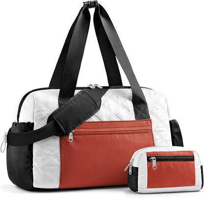 Small Gym Bag for Women, Mini Sports Duffle Bag for Workout Dance Ballet Yoga Gymnastics, Quilted Lightweight Puffer Travel Tote with Detachable Coin Purse & Wet Pocket, Beige-black-brown