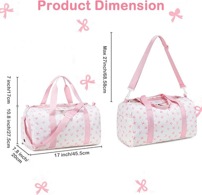 Gym Bag Duffle Bag with Wet Pocket Weekender Overnight Sports Duffels with Shoe Compartment for Girls Kids Women Travel Dance Cheer Bags (Pink Bow Pattern)