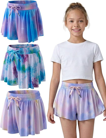 3 Pack Girls Flowy Shorts with Spandex Liner 2-in-1 Youth Butterfly Skirts for Fitness, Running, Sports