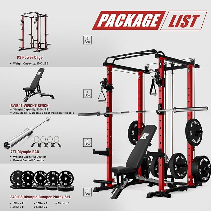 RitFit Multi-Function Garage & Home Gym Package Includes 1200LBS Power Cage PPC03/P3 with Cable Crossover System, Weight Bench, Olympic Barbell Weight Set, Full Body Workout