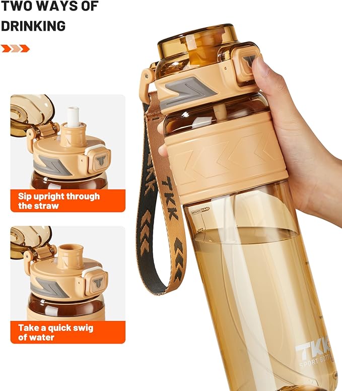 TKK Sports Water Bottles with Removable Straw 34 oz Leak-proof Flip Top Lid BPA Free Tritan Bottle with Strap for School, Fitness, Gym, Outdoor, Soft Orange