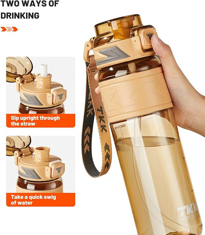 TKK Sports Water Bottles with Removable Straw 34 oz Leak-proof Flip Top Lid BPA Free Tritan Bottle with Strap for School, Fitness, Gym, Outdoor, Soft Orange