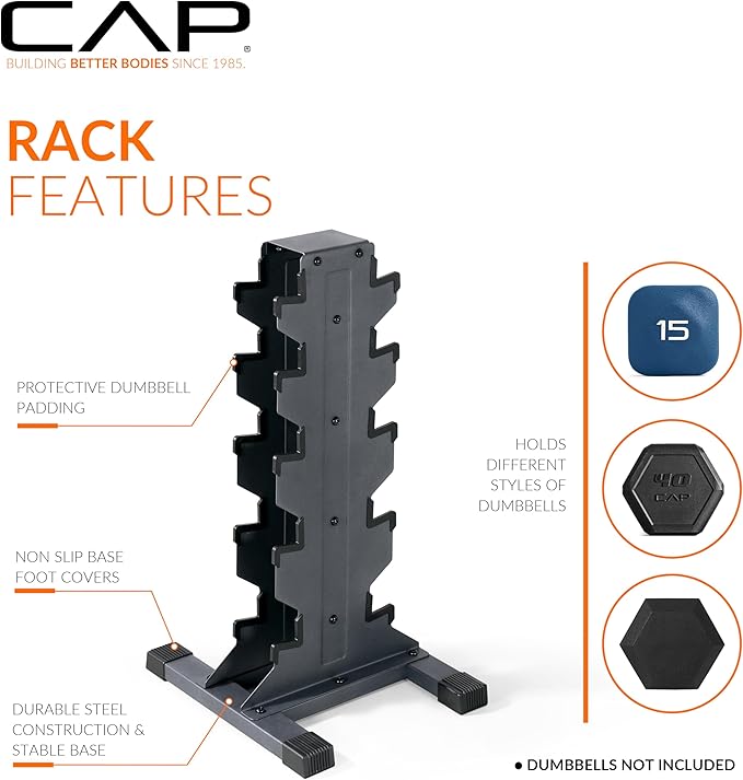 CAP Barbell Rubber Coated Hex Dumbbell Set with Vertical Rack | 100-300 lbs Free Weights Dumbbells Set for Home Gym | Multiple Options