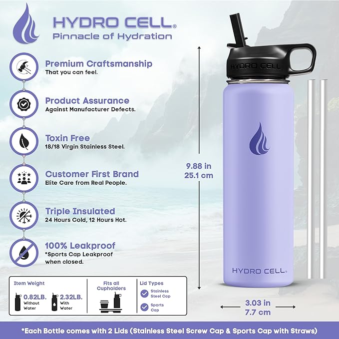 HYDRO CELL Stainless Steel Insulated Water Bottle with Straw - For Cold & Hot Drinks - Metal Vacuum Flask with Screw Cap and Modern Leakproof Sport Thermos for Adults (Lilac 24oz)
