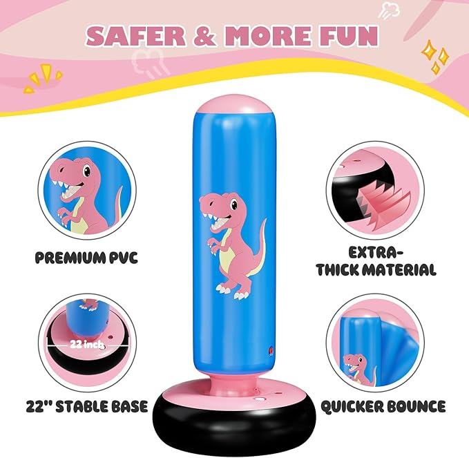 QPAU Inflatable Punching Bag, 48 Inch Stable Inflatable Boxing Bag for 3-6 Kids,Dinosaur Toy & Gifts for Boys and Girls, Kids Boxing Set for Practicing Karate, Taekwondo
