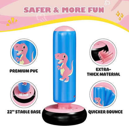 QPAU Inflatable Punching Bag, 48 Inch Stable Inflatable Boxing Bag for 3-6 Kids,Dinosaur Toy & Gifts for Boys and Girls, Kids Boxing Set for Practicing Karate, Taekwondo