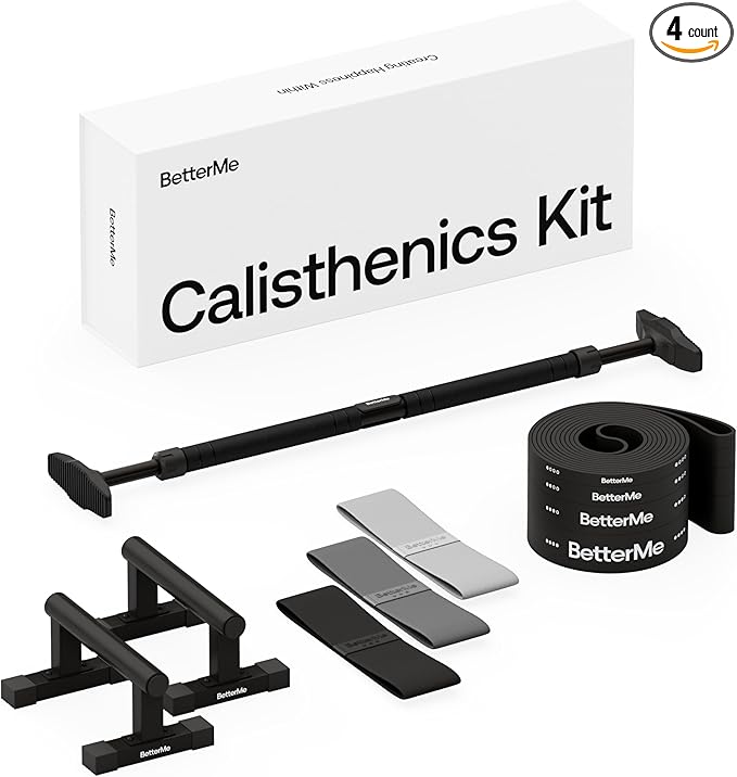 BetterMe Calisthenics Kit - Home Gym Calisthenics Equipment Kit with Parallettes Push Up Bars Resistance Bands and Door Pull Up Bar - At Home Equipment for Strength and Mobility Training
